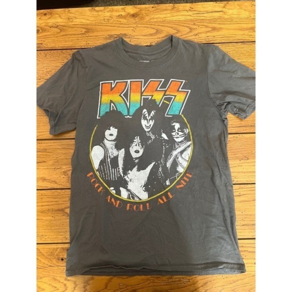 KISS Rock and Roll All Nite Graphic T-Shirt Gray Mens Small Band Tee